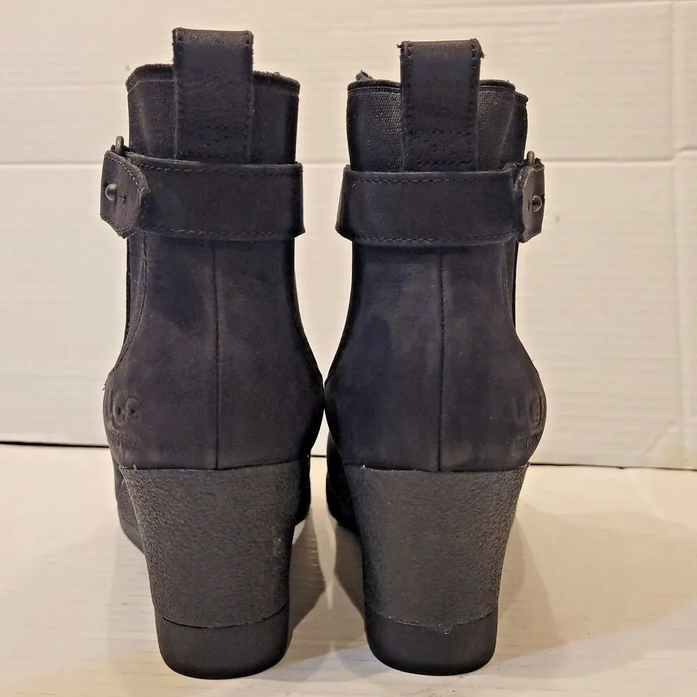 UGG Indra Black Leather Waterproof Wedge Ankle Boots Booties Womens 5 Buckle